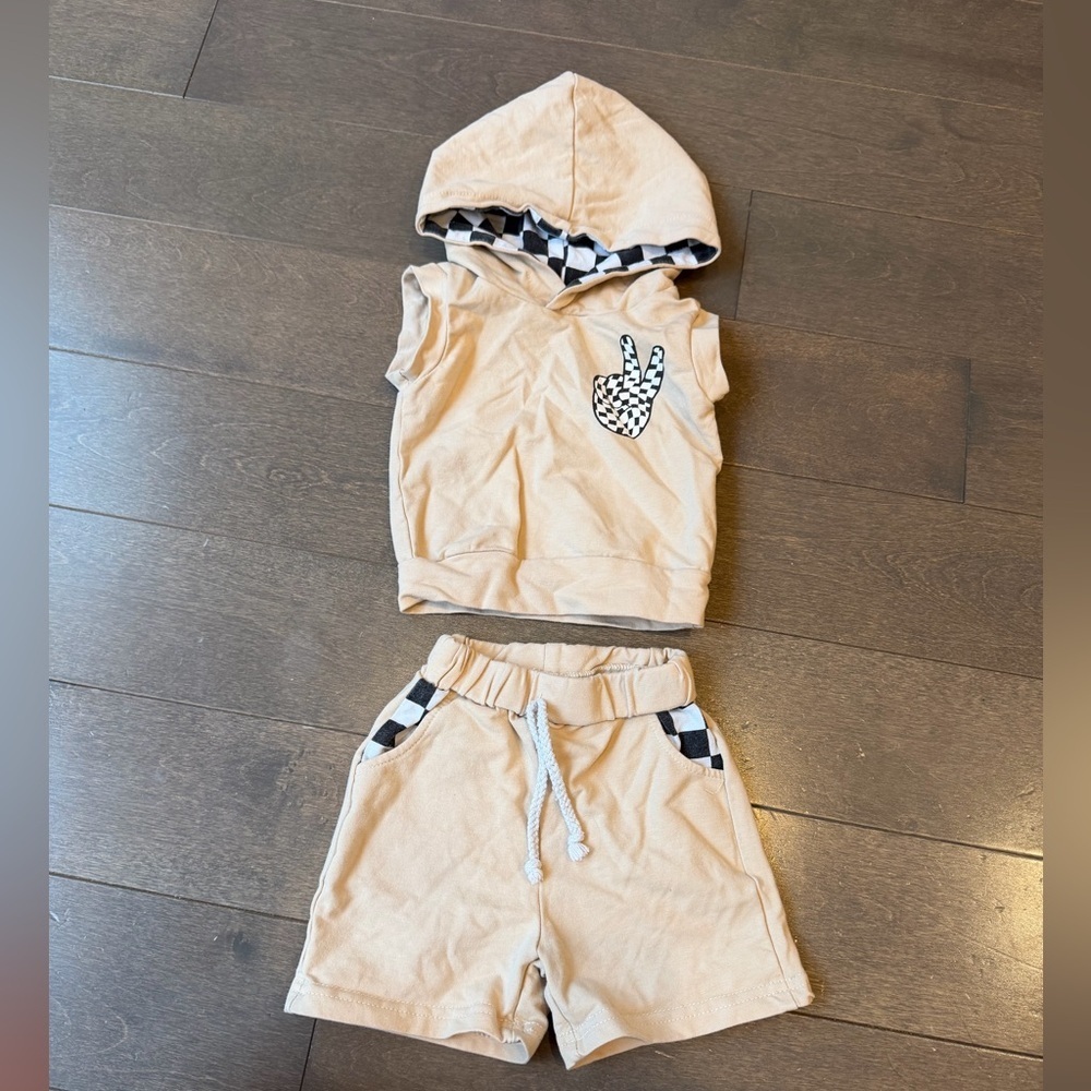 Tan Hoodie and Shorts Set with Checkered Detail